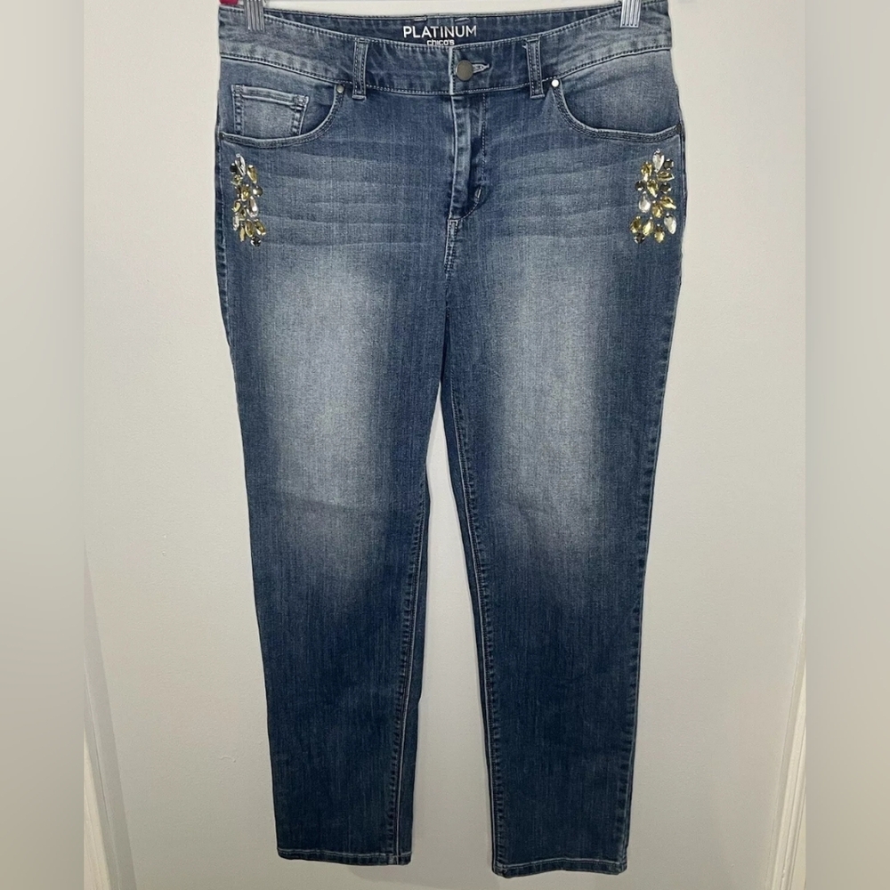 Chico's Platinum ankle jeans with golden rhinestone front side pocket detailing